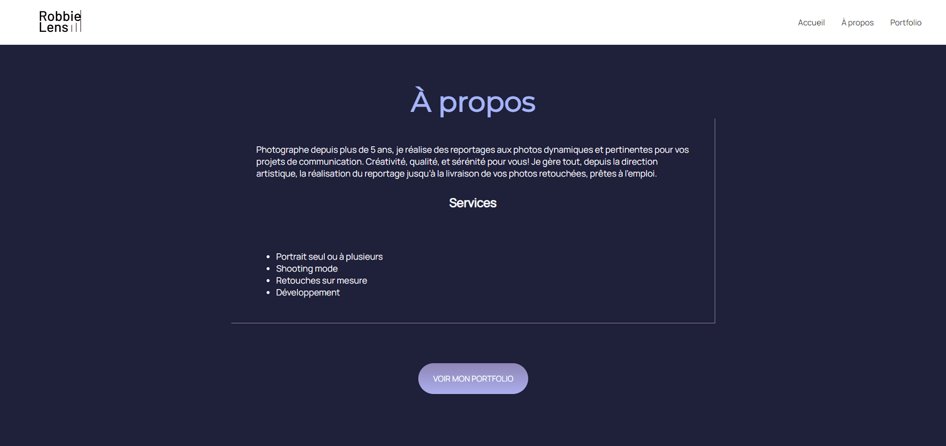 Partie A propos du portfolio de Robbie Lens