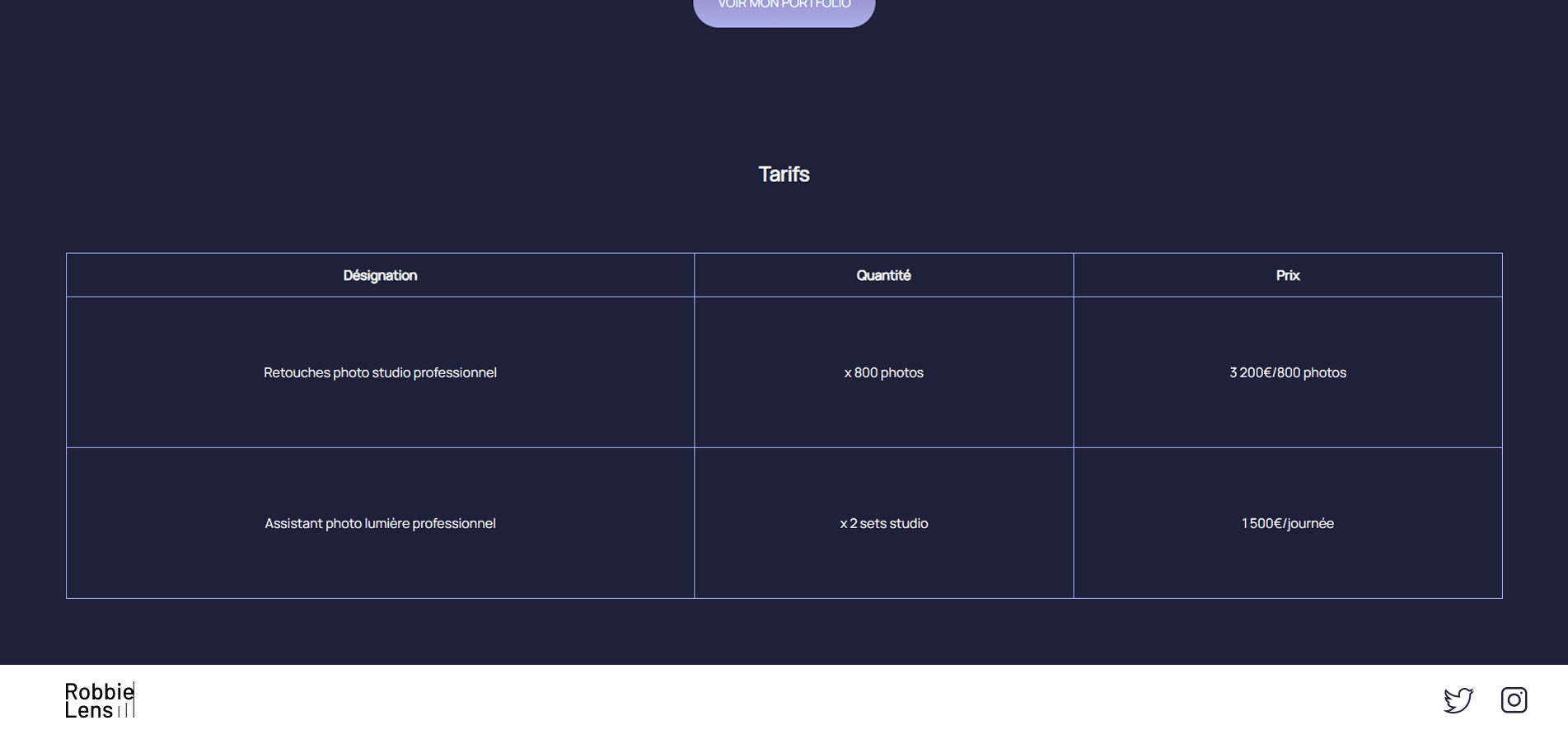 Partie Tarifs du portfolio de Robbie Lens